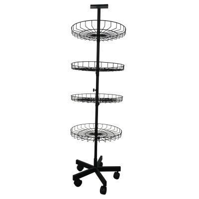 China Removable With Wheels Hot Sale Factory Direct Rotating Candys Cookies Stand Up Display Rack With Four Basket With Wheels for sale