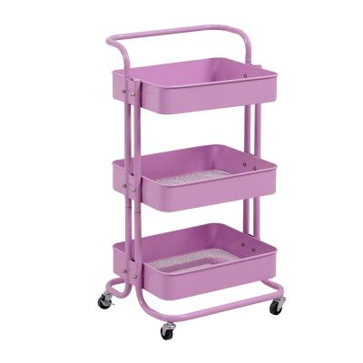 China Hot Selling Modern 3 Tiers Rolling Cart Kitchen Hand Cart Foldable Steel Mobile Metal Storage Rack Rolling Cart for sale