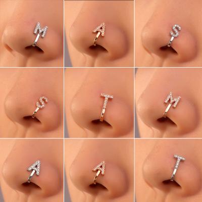 China Europe and America AliExpress Nose Stud Copper Inlaid Zircon Letters New Punch Free Zircon Shape Splint Nose Ring Nasal Piercing Jewelry for sale