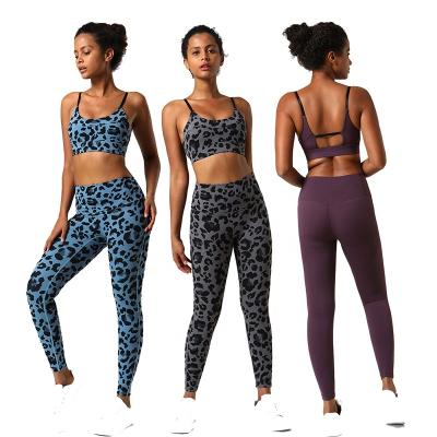 China Sustainable Womens Leopard Printed Yoga Wear Sets Workout Sets Backless Fitness Apparel Workout Sets for sale