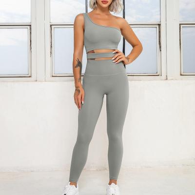 China Breathable New Arrival Recycled Fabric Activewear Yoga Wear One Off Shoulder Yoga Set Recycled Fabric Yoga Wear Set for sale