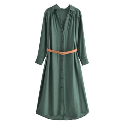 China 2021 Fashion New Breathable Solid Color V-Neck Shirt Dress Q6436 With Belt Women Dresses Clothing Wholesale for sale