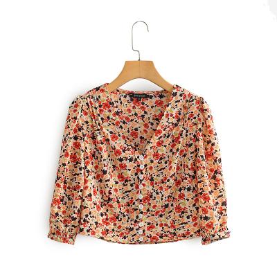 China CS252 Breathable French Floral Vintage Crop V-Neck Women's Summer Ladies Tops Print Short Blouse Shirts Clothes for sale