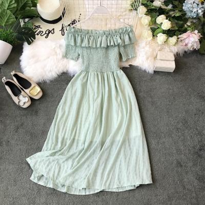 China YM1253 Solid Color Solid Color Slash Neck Dress Korean Elegant Women Dresses Breathable Korean Clothing Wholesale for sale