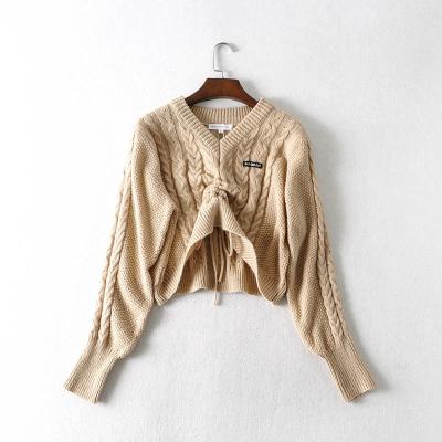 China MY316 Anti-wrinkle Spring Fashion V-Neck Long Sleeve Front Drawstring Braid Knitwear Women Sweater Jumper Clothing for sale