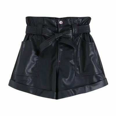 China kz964 Anti-wrinkle women's black PU shorts female casual high waist belts thin waist artifition leather shorts clothing culottes cortos for sale