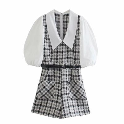 China 2021 Autumn Design Plaid Pattern Short Sleeve Patchwork Tweed Overalls Playsuits Clothing European STREETWEAR K924 11 for sale