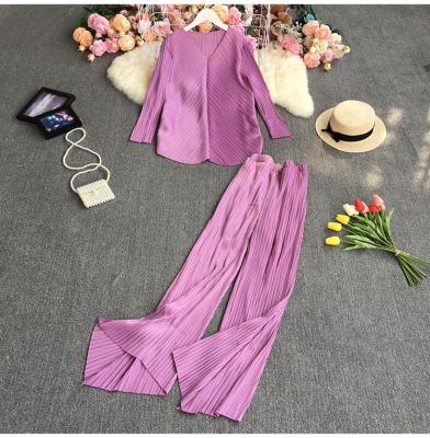 China New 2021 DD34 Fashion Solid Color Long Lasting Korean Elegant Pleated Set Women Two Pieces Blouse+Wide Leg Pants Set for sale