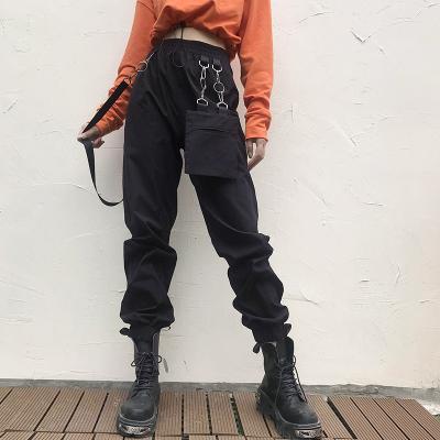 China Viable New K206 Women's Solid Color Pockets Metal Ring Deco Punk Pants Ladies Casual Pants for sale