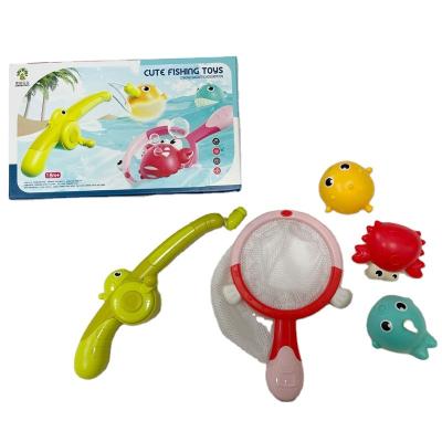 China Plastic Bathtime toys magnetic fishing game toys with fish net and gleamy fishes bath toy for sale