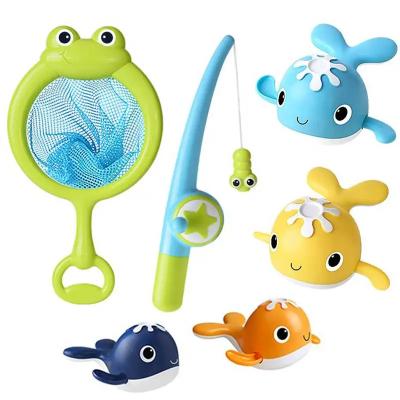 China Fishing set Magnet baby bath fishing toys wind-up swimming whales bathtub game water tub toy set with fishing pole and net for sale