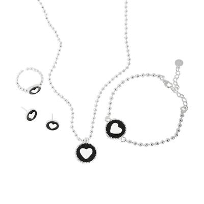 China Other 925 Sterling Silver Onyx Round Circle Jewelry Set Necklace Bracelet Earring Ring White Heart At Black for sale