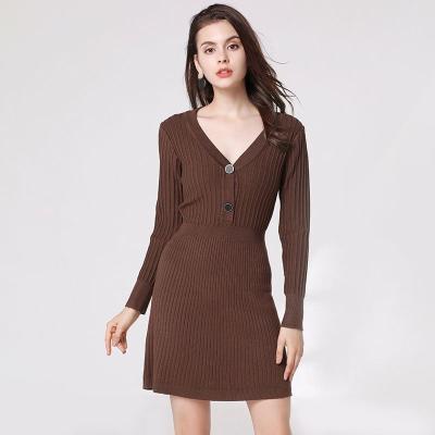 China Long Version Anti-static Korean Style Factory Dress Women's Slim Sheathed V-Neck Sweater Knitted Dress for sale