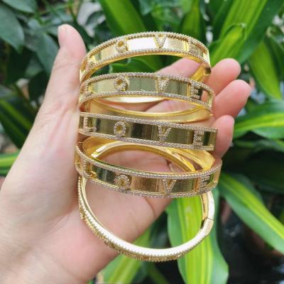 China FASHIONABLE 24K Gold Plated Love Letter Pave Micro Stone CZ Bangle Bracelet For Women for sale