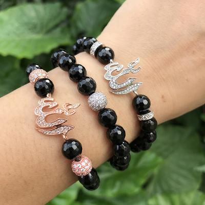 China FASHIONABLE Custom Mens Bracelet Black Faceted Agate Beads Elastic OM Charm Bracelets for sale