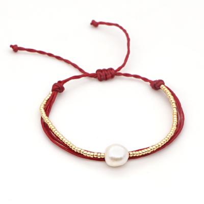 China BOHEMIA Popular Handmade Women's Freshwater Pearl Beaded Connector Chain Bracelets Copper Bead Rope Bracelet for sale