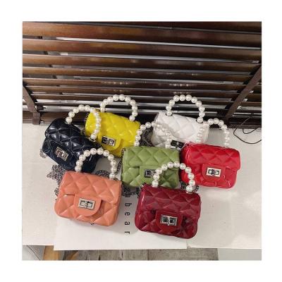 China 2021 NATIONAL PVC Jelly Quilted Girls Beads Handle Tote Kids Purse Mini Handbags Shoulder Bag for sale