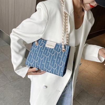 China 2021 high quality lastest design women canvas and pu denim and ladies denim handbags purse purse with flap for sale