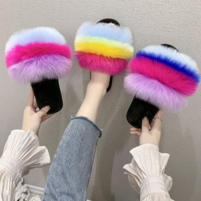 China 2021 new arrivals lightweight rainbow wool slippers summer custom logo woman slippers women sandals for sale