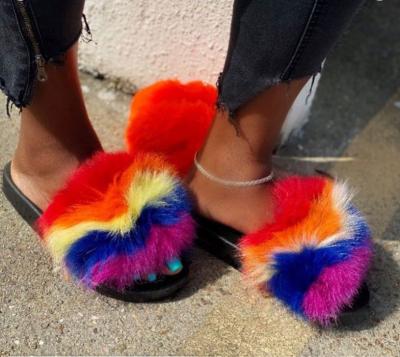 China 2021 Lightweight Rainbow Fox Hair Sandals For Women And Ladies Fluffy Home Slippers for sale