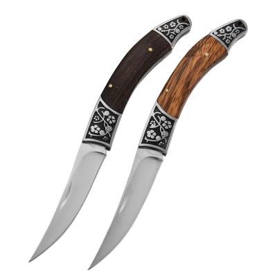 China Outlet Non-Variable Zebra Factory Free Sample Wooden Handle Knife With Carved Shaped Folding Blade Hunting Knife Wooden Pocket Knives for sale