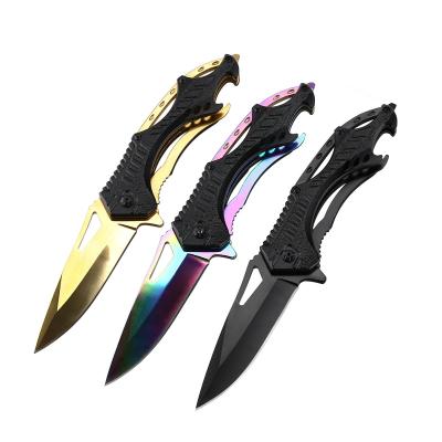 China Good Quality Non-variable Aluminum Handle Hunting Survival Folding Knife Tactical Pocket Knives With Black Rainbow Color Yellow Blade for sale