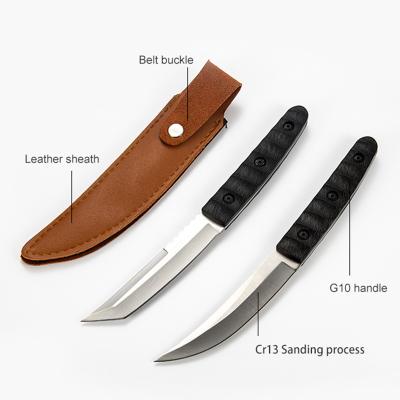 China Japanese Full Tang Straight Non-variable Tactical Knife Satin Polished Blade Knives Razor Sharp Anti Slip G10 Handle With Leather Sheath for sale