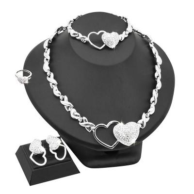 China Vintage Wholesale Dubai Fashion Heart Jewelry Set Necklace Earrings Ring Bracelet Four Piece Bridal Wedding Jewelry Set for sale