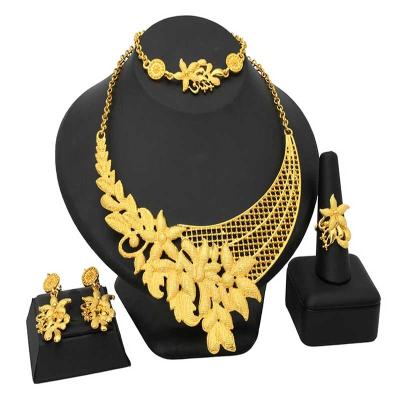 China Vintage Wholesale 24k Women Gold Plated Flower Necklace Earrings Ring Bracelet Bridal Four Piece Set Wedding Party Jewelry Set for sale