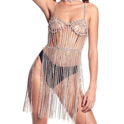 China FASHIONABLE long sexy skirt rhinestone tassel personality silver body chain underwear show belly dance fashion jewelry shiny accessories for sale