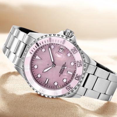 China Luxury Pink Pearly Waterproof Ladies Dive Wrist Watches Automatic 316L Stainless Steel Diver 30ATM Women Diving Watches Women Automatic Date for sale