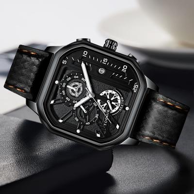 China Fashionable Luxury Tophill Black Square Water Resistant Custom Genuine High End Quartz Movement Leather Straps For Boys And Men's Watch Reloj for sale