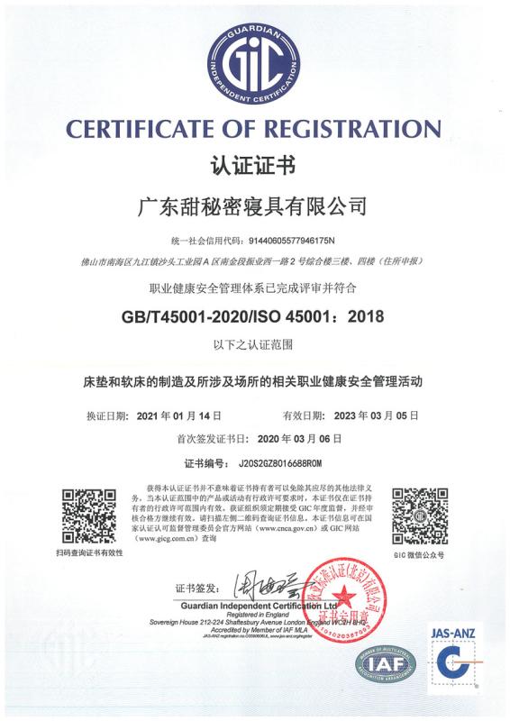 ISO 45001 - Guangdong Sweetnight Home Co., Ltd.