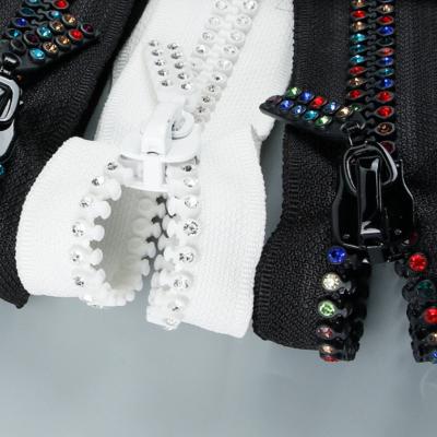 China Auto Lock Wholesale Custom Colored Diamond / Open Nylon Rhinestone Zippers And Accessories for sale