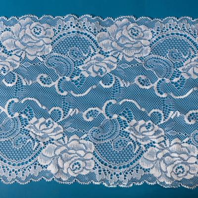 China Long Lasting High Quality White Floral Stretch Lace Fabric 18cm Wide Trim Stretch Tulle Lace Fabric for sale