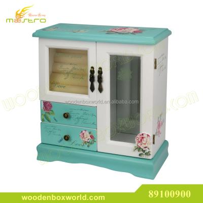 China MDF Girls Flower Design Wooden Upright Jewelry Box With 2 Doors 2 Pullout Drawers Blue And White Tone for sale