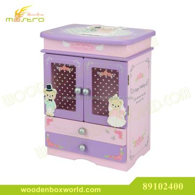 China Stylish MDF Girl's Musical Wooden Jewelry Box Storage Organizer Purple Pink Finish for sale