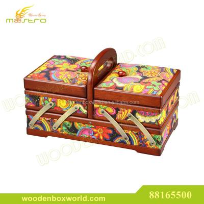 China Handmade Tapestry Wooden Cantilever Sewing Basket for sale