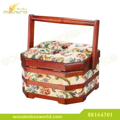 China Vintage Sustainable Fabric Tapestried Wooden Sewing Basket for sale