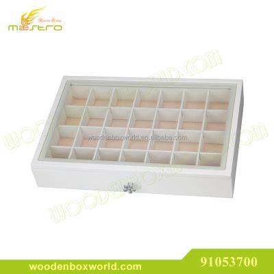 China Unique Design White 28 Slots Glass Top Jewelry Ring Display Organizer Box Tray Holder Earrings for sale