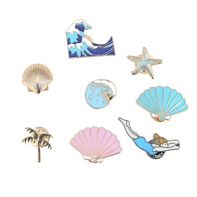 China Wholesale Custom Cute Palm Girl Waves Starfish Shell Badges Lapel Pin Enamel Metal China Alloy Soft Enamel Pin for sale