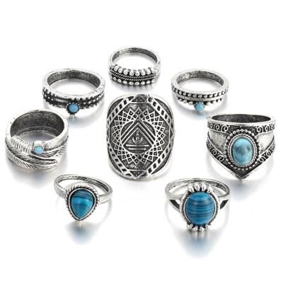 China Latest Fashion Styles 2019 Fashion Rings Jewelry Vintage Turquoise 8pcs/set Silver Finger Rings For Women for sale