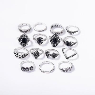 China Latest Fashion Styles 2019 Fashion Rings Set Jewelry Vintage Gem 15pcs/set Silver Lotus Finger Rings For Women for sale