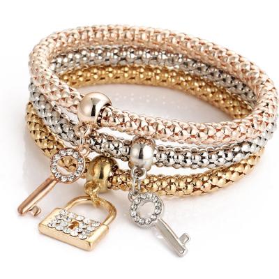 China Latest Fashion Styles 2019 Fashion Jewelry 3pcs Gold Key Zinc Alloy Elastic Crystal Bracelet And Charm Lock Bracelets For Women for sale