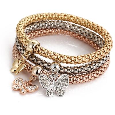 China Latest Fashion Styles 2019 Wholesale Fashion Bracelets Jewelry 3pcs Gold Butterfly Charm Elastic Bracelet For Women for sale