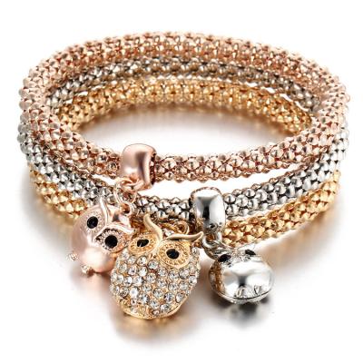 China Latest Fashion Styles 2019 Fashion Bracelets Jewelry 3pcs Gold Owl Charm Elastic Bracelet For Women for sale