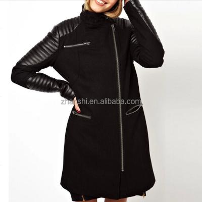 China Newest Design Wool Cashmere Anti-Shrink Zipper Front Women Long Coat Turkey With Leather Sleeve for sale