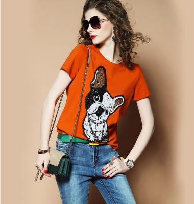 China Fashion Print Anti Shrink Ladies Anti Shrink Wholesale Animal T-shirts Embroidered Sequin Women Short Sleeve Top Tee for sale