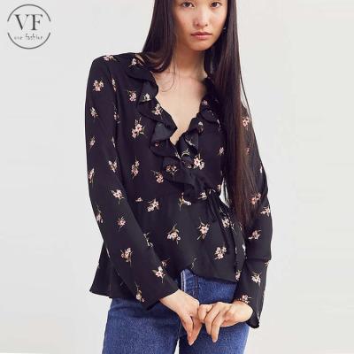 China Anti Pilling Anti Pilling Mature Women Printed Long Sleeve Chiffon Ladies Long Sleeve Floral Ruffle Full Wrap Design Top Girls Latest for sale