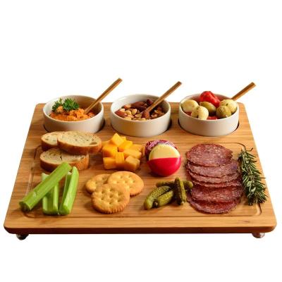 China Sustainable Amboo cheese board/charcuterie platter - includes 3 ceramic bowls for sale